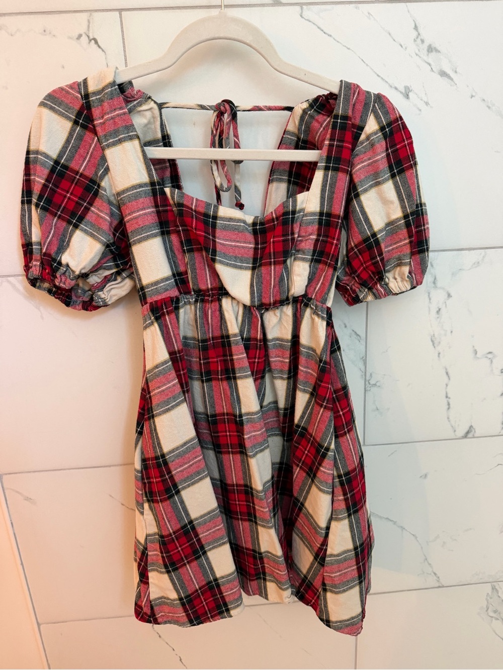 Show Me Your MuMu Red and Cream Plaid Puff-Sleeve Dress